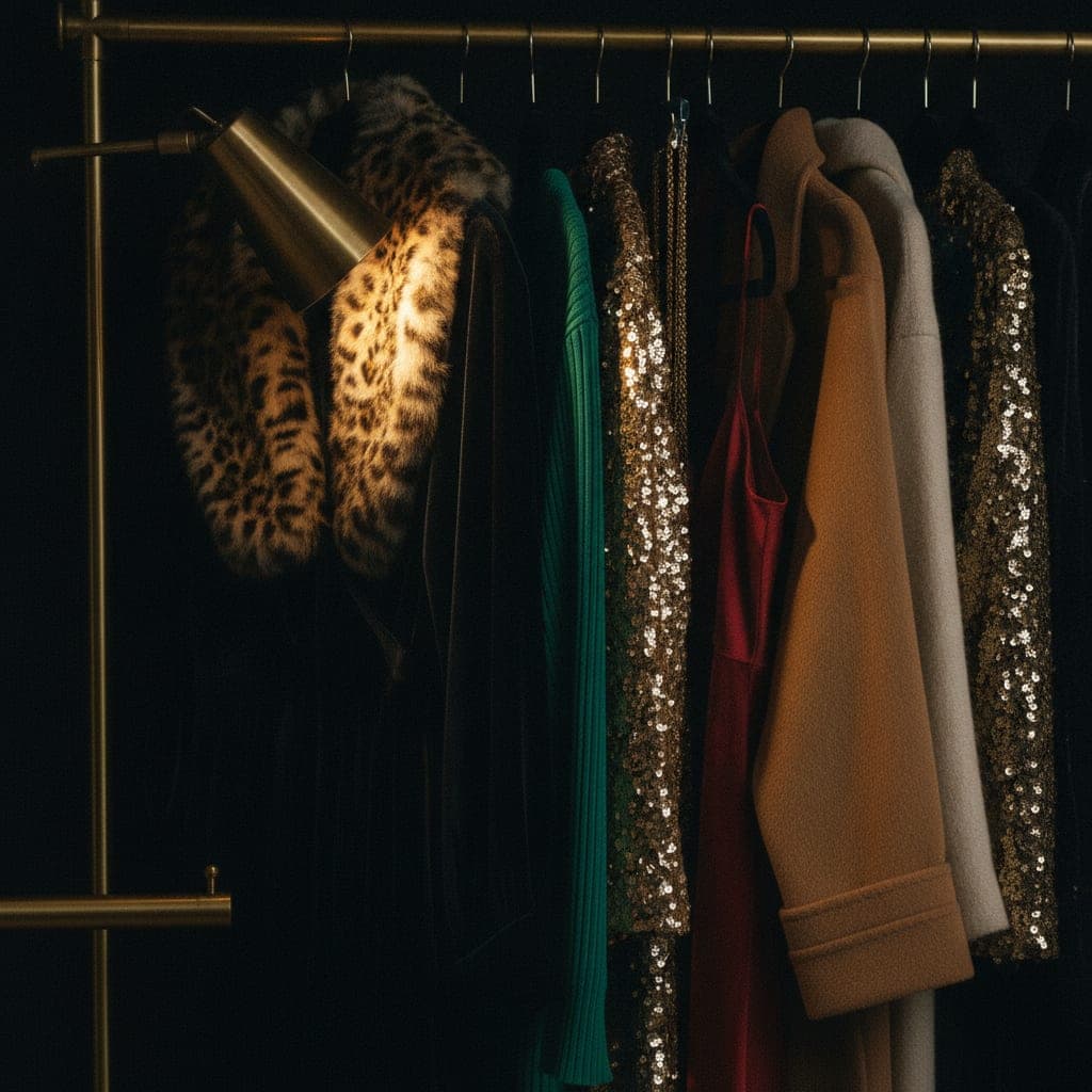 Dicht behängte Messing-Kleiderstange im Laden von C’EST MOI: Samt, ein Leopardenkragen und ein Paillettenkleid im Scheinwerferlicht