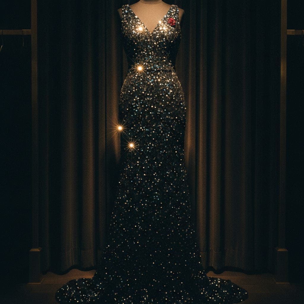 Abendkleid, handaufgenähte Pailletten, bodenlang — einmal da
