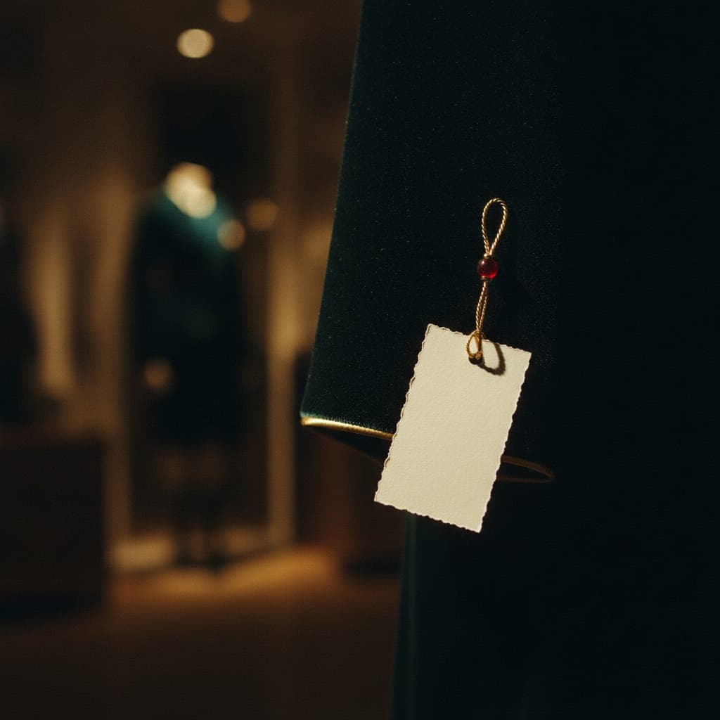 Handgeschriebenes Preisschild an einem dunkelgrünen Samtmantel