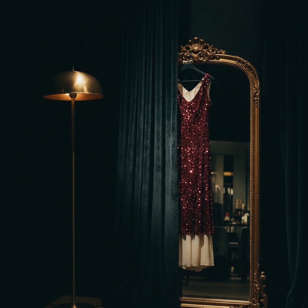 Paillettenkleid am Goldrahmenspiegel im hinteren Teil des Ladens