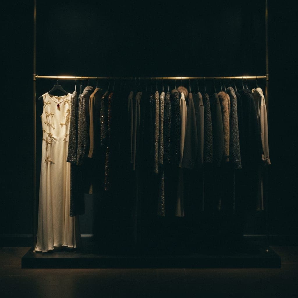 Eine lange Messing-Kleiderstange im Laden, ein einzelnes Kleid steht im Scheinwerfer