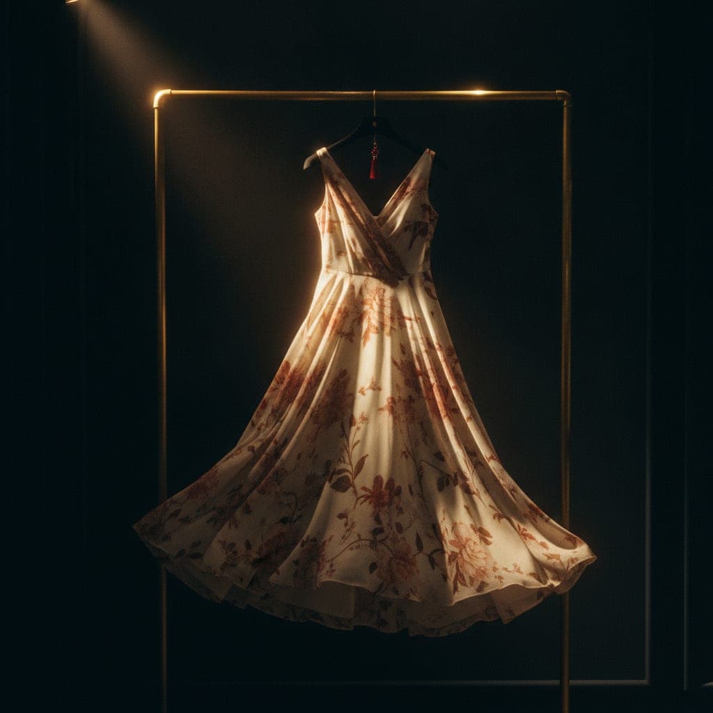 Sommerkleid, Seidenprint, weiter Rock — einmal da