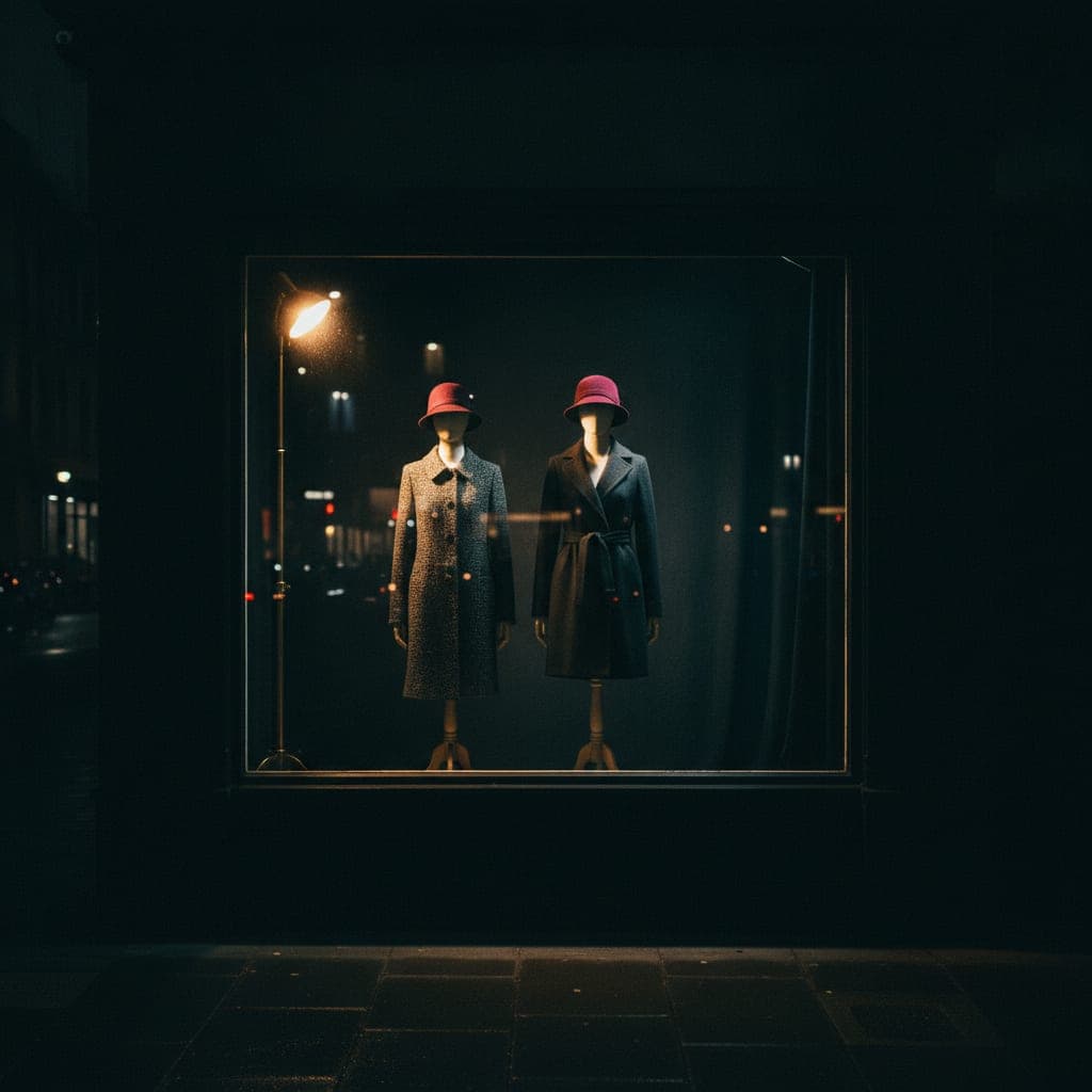 Das beleuchtete Schaufenster von C’EST MOI bei Nacht, zwei angezogene Puppen